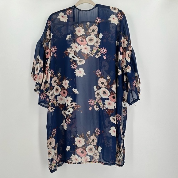 RIKKA The Cherry Blossom Kimono Navy Floral Open Front Women’s Sheer One Size - Picture 2 of 9